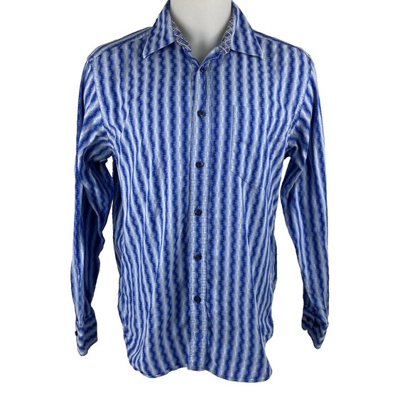 Bugatchi Uomo Men Large Button Front Shirt Blue Geometric Stripe Flip Cuff - Picture 1 of 9